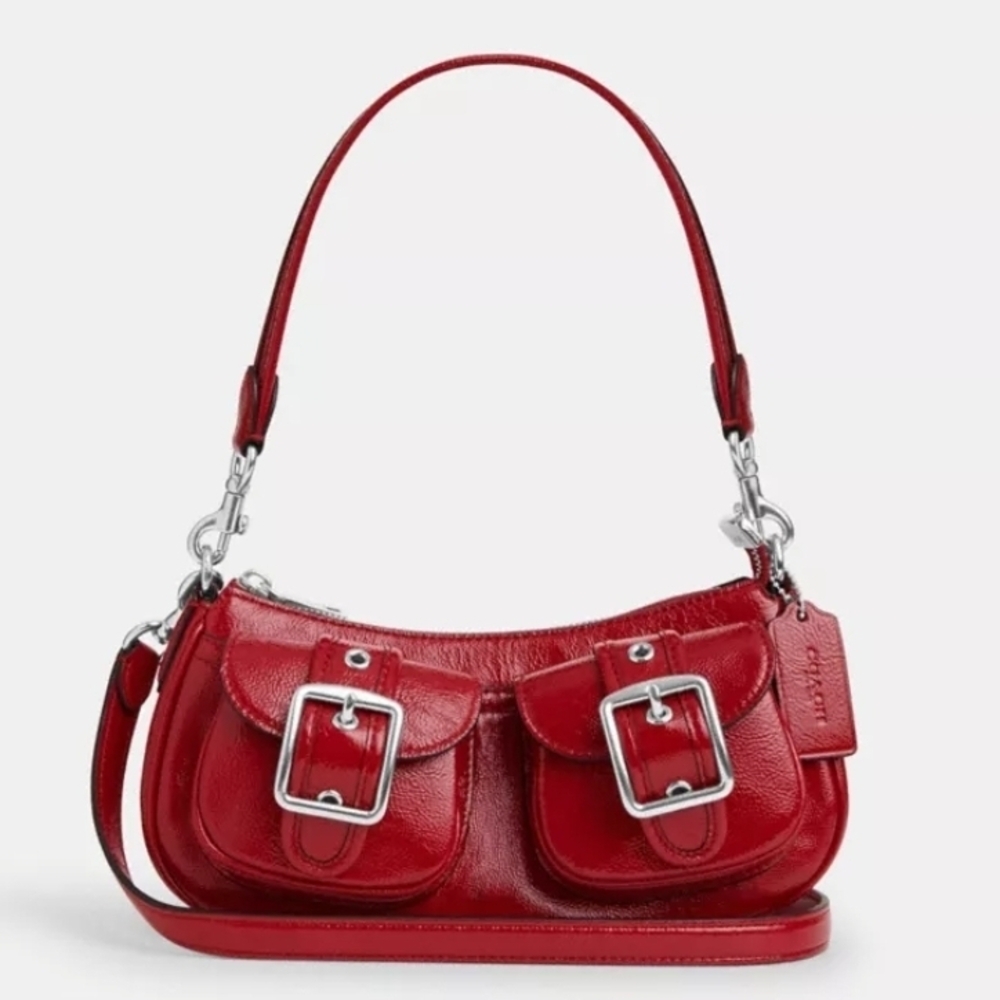 NWT Coach Ashton Crinkle Patent Leather Red Baguette Crossbody Bag CV943